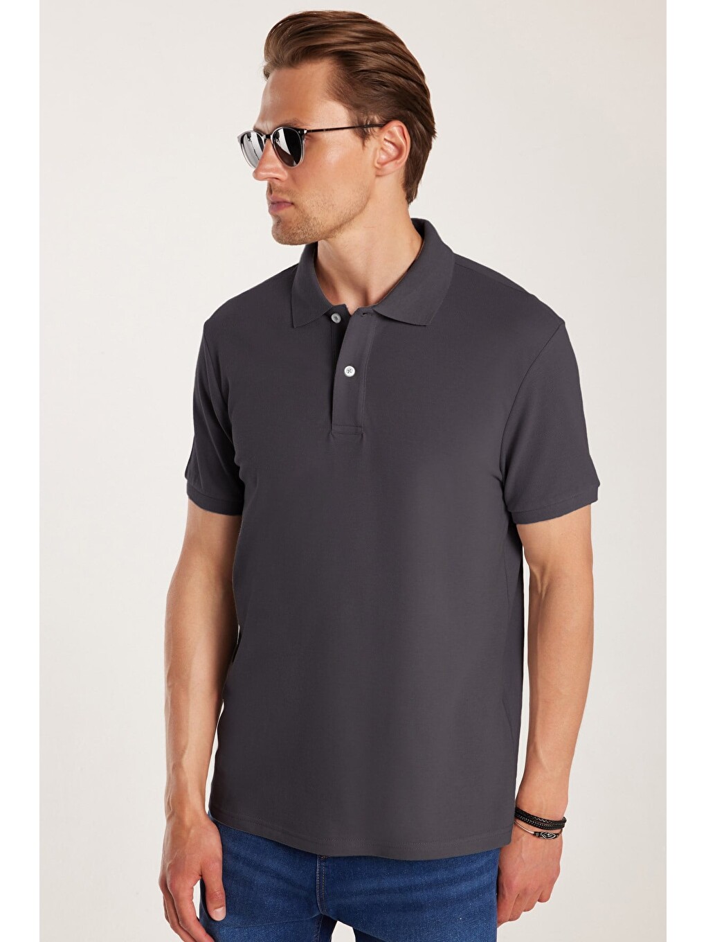 Erkek Slim Fit Dar Kesim %100 Pamuk Kısa Kollu Polo Yaka Antrasit Tişört-1