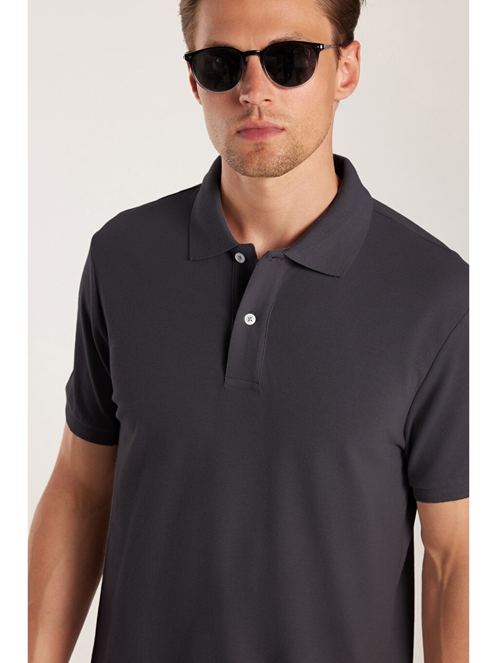 Erkek Slim Fit Dar Kesim %100 Pamuk Kısa Kollu Polo Yaka Antrasit Tişört-2