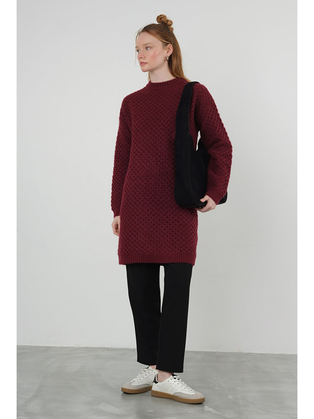 Örümcek Örgülü Kazak Uzun Bordo-1