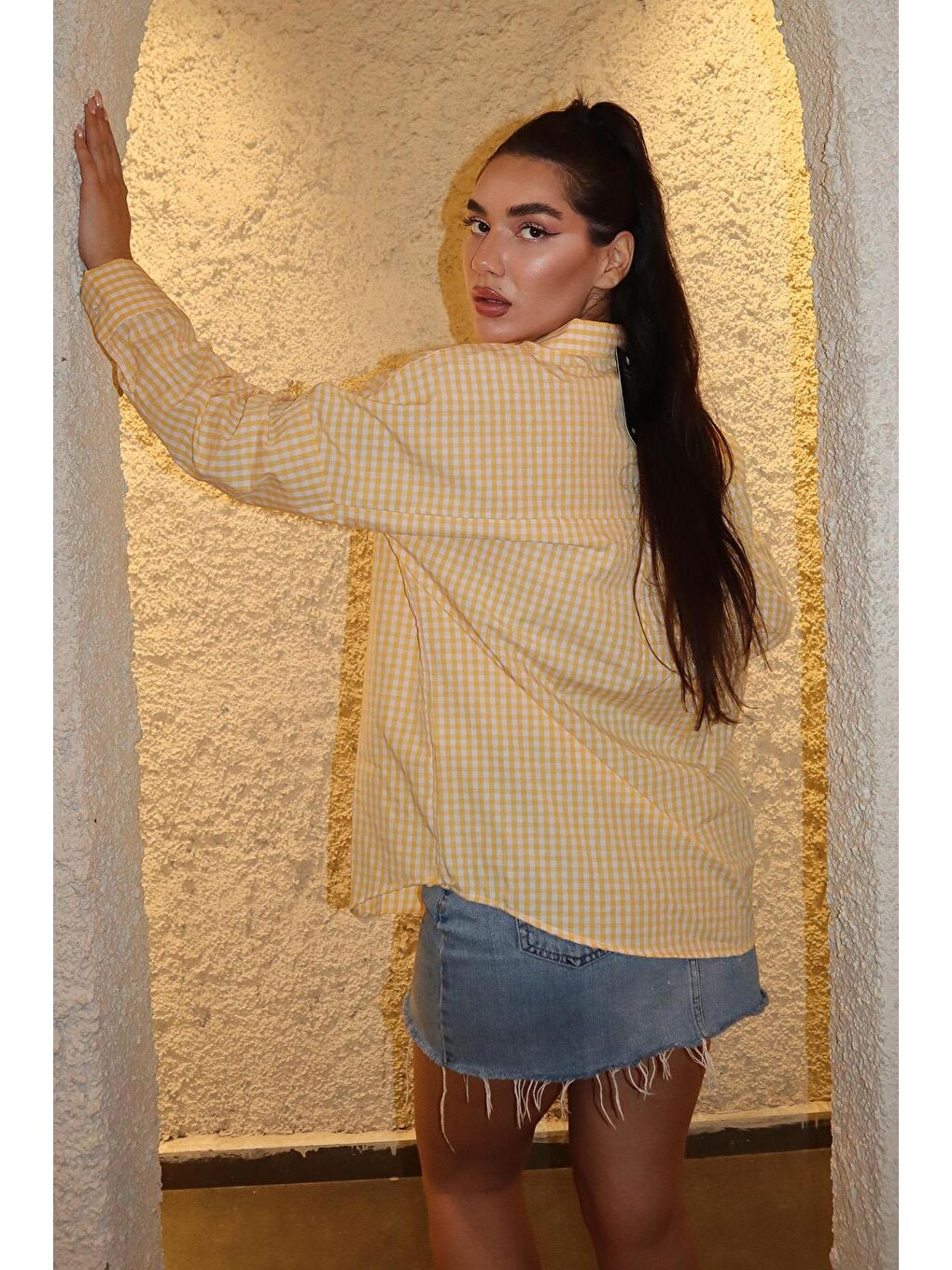 Sarı Pötikareli Uzun Kollu Kadın Gömlek Mg2386-2