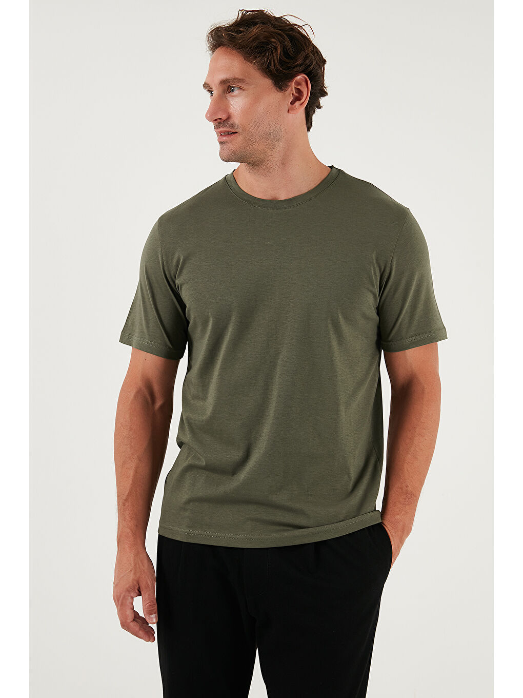 Haki Pamuklu Regular Fit Bisiklet Yaka %100 Pamuk Tişört 59020204-4
