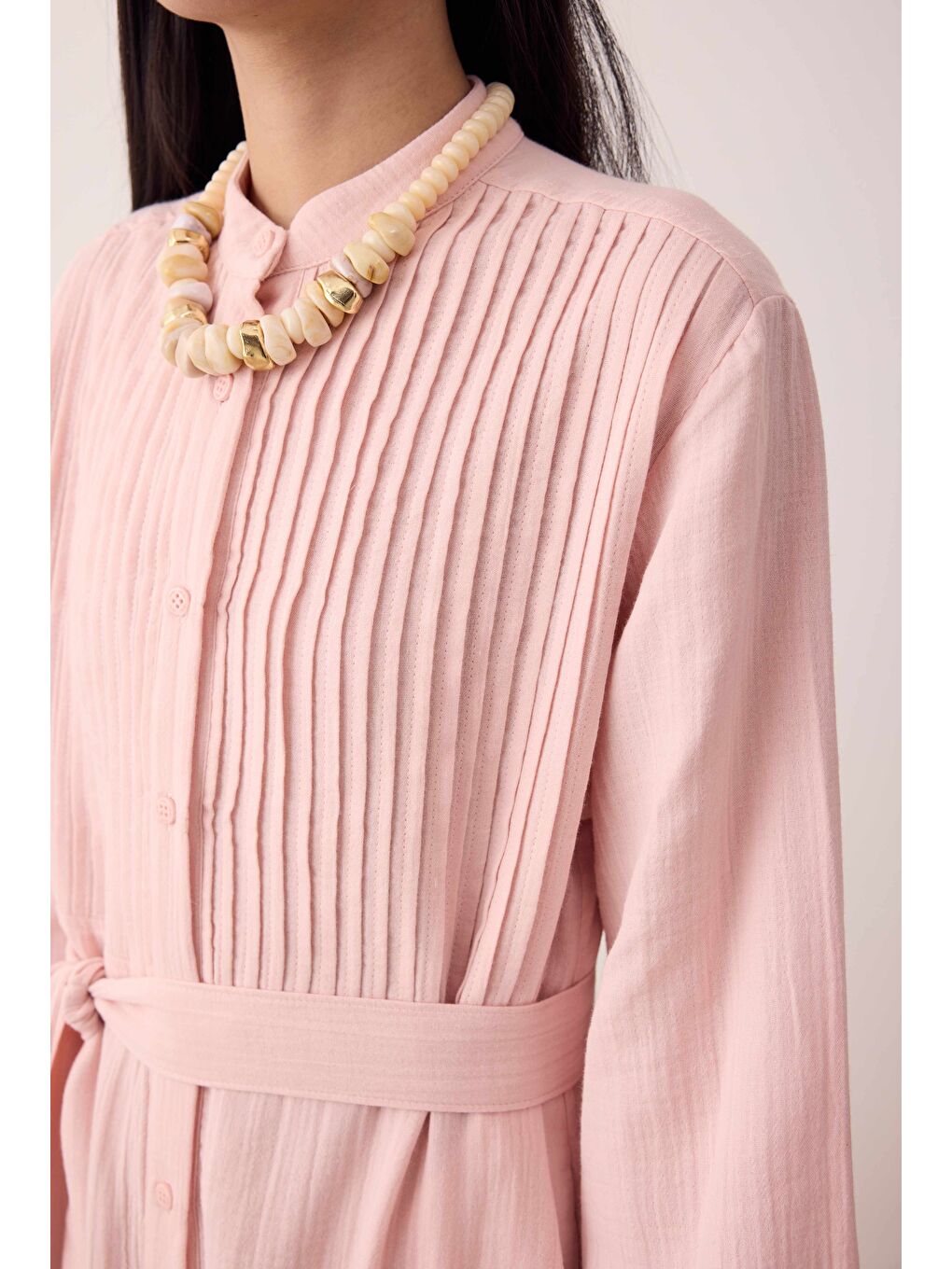 Müslin Nervürlü Elbise Pembe-2