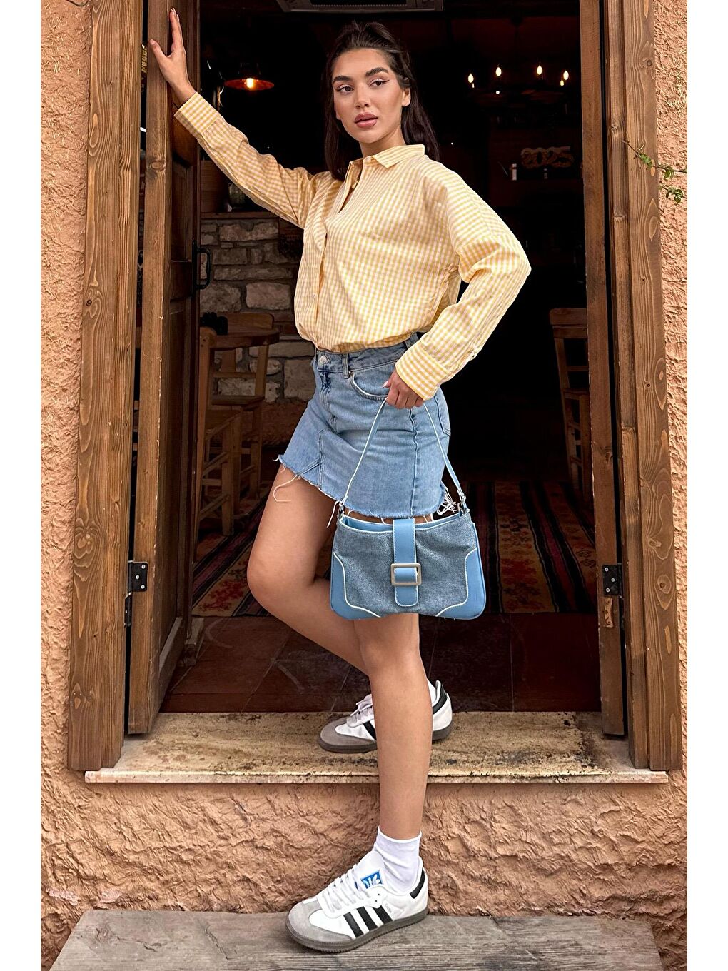 Sarı Pötikareli Uzun Kollu Kadın Gömlek Mg2386-3