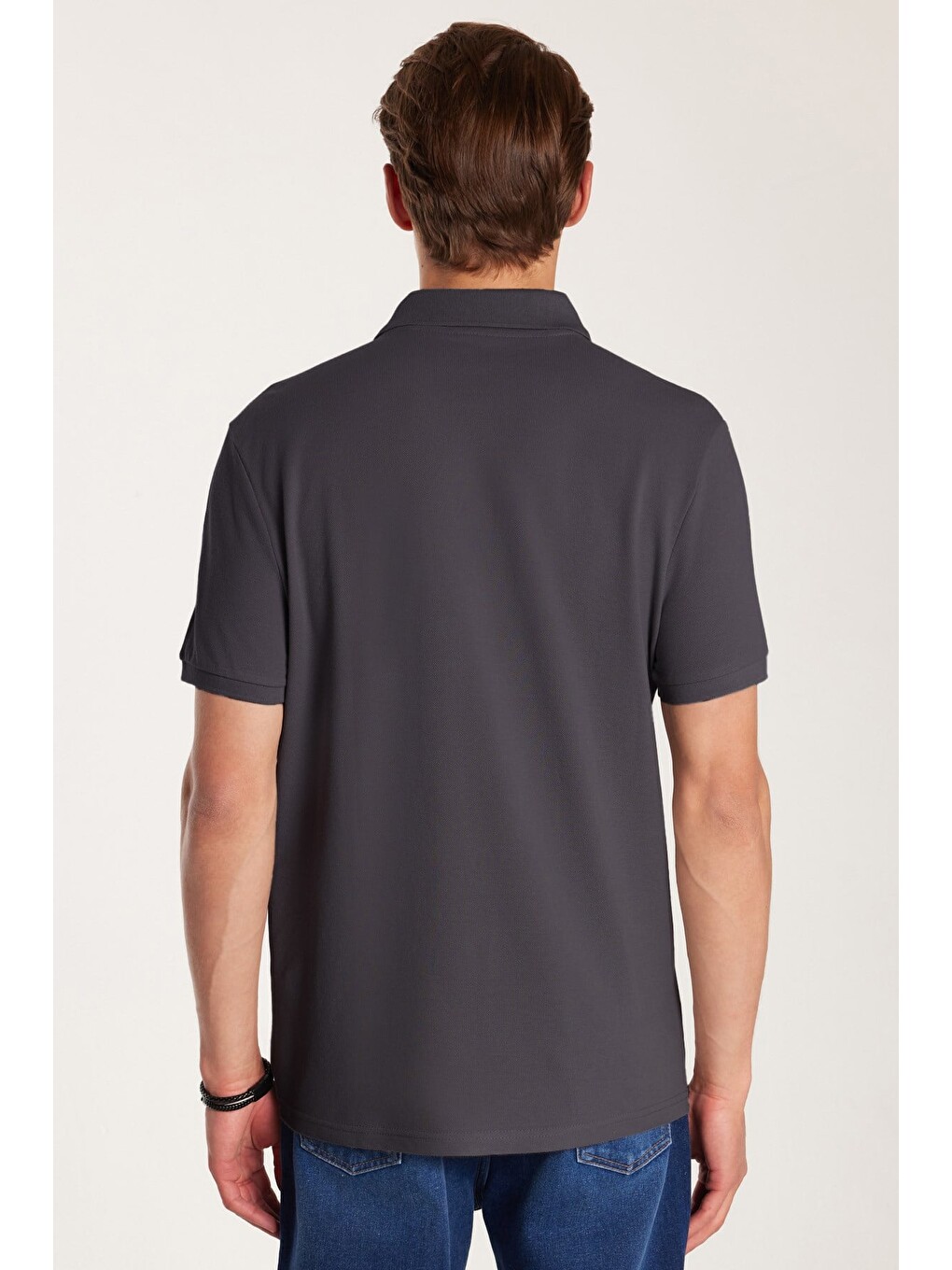 Erkek Slim Fit Dar Kesim %100 Pamuk Kısa Kollu Polo Yaka Antrasit Tişört-4