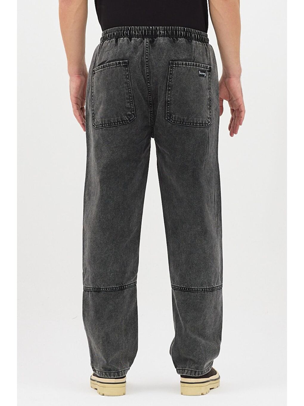 Gri Kare Cep Beli Lastikli İpli Düz Paça Rahat Kesim Erkek Jean Pantolon-3