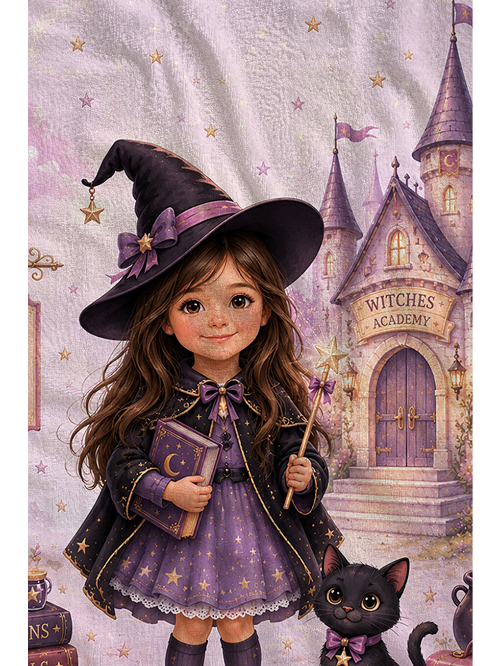 Mor Masalsı Cadı Kız Şato Ve Yıldızlı Halloween Desenli 70x150 Plaj Havlusu - Pamuklu Banyo Havlusu-2