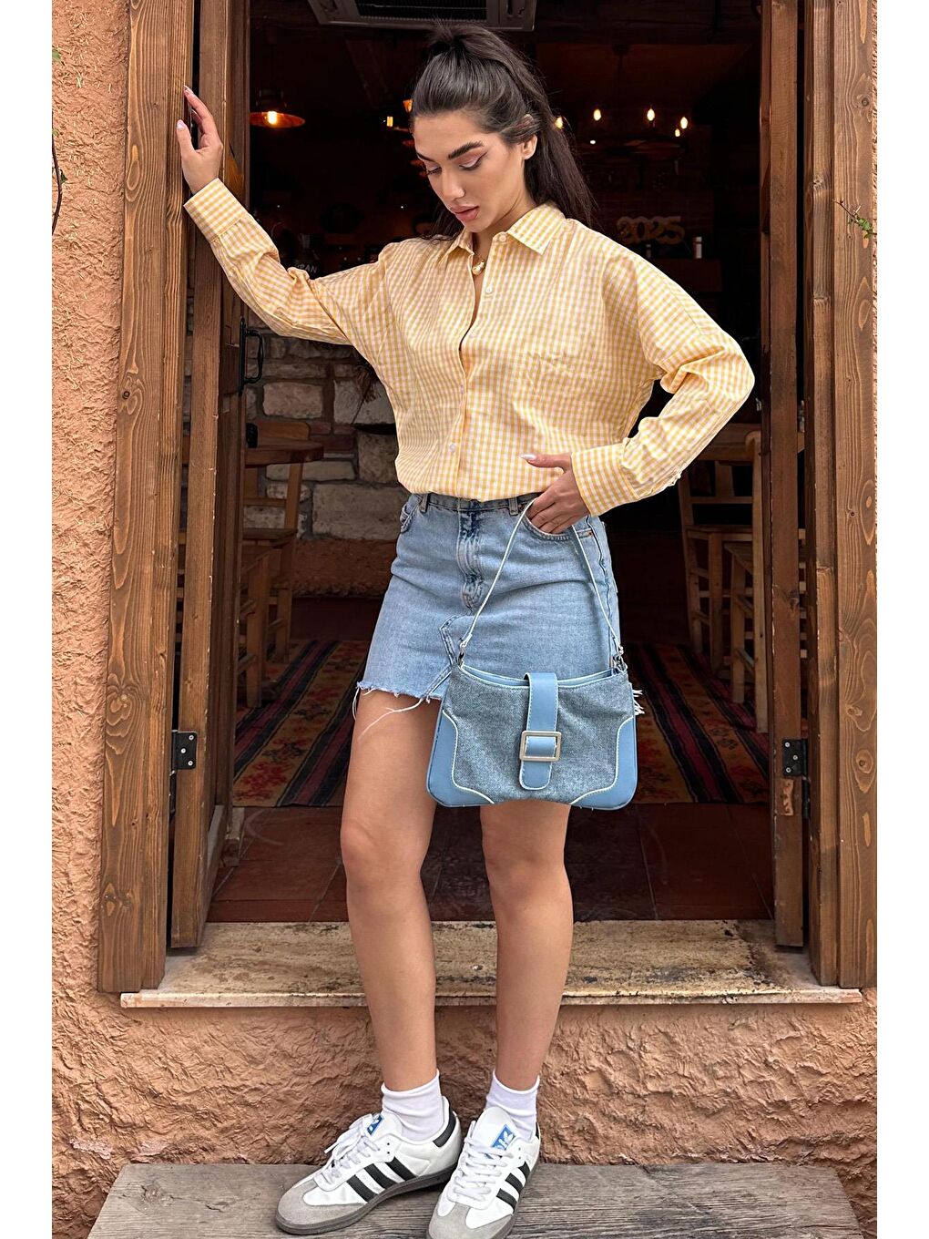 Sarı Pötikareli Uzun Kollu Kadın Gömlek Mg2386-4