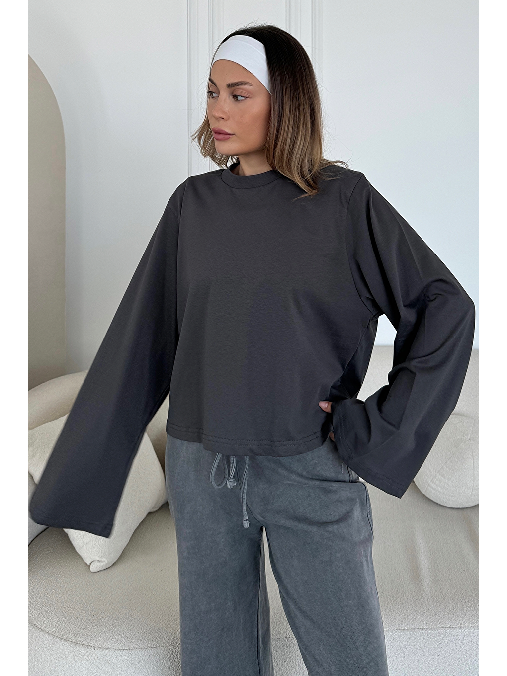 Geniş Kol Oversize 2'Li Paket T-Shirt 965 Haki/Füme-4