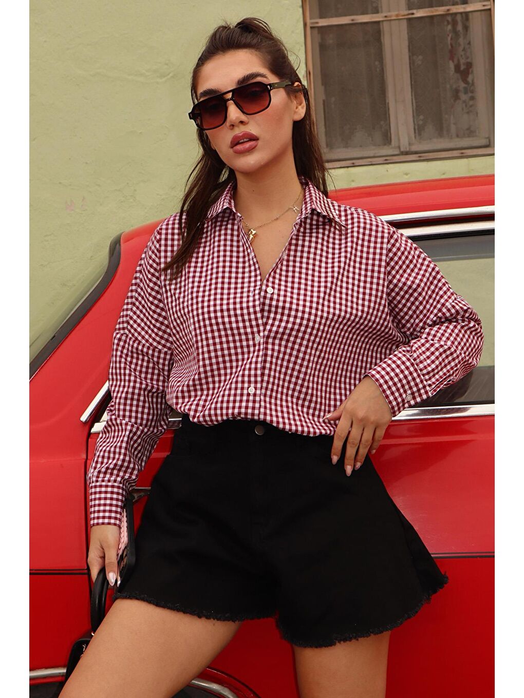 Bordo Pötikareli Uzun Kollu Kadın Gömlek Mg2386