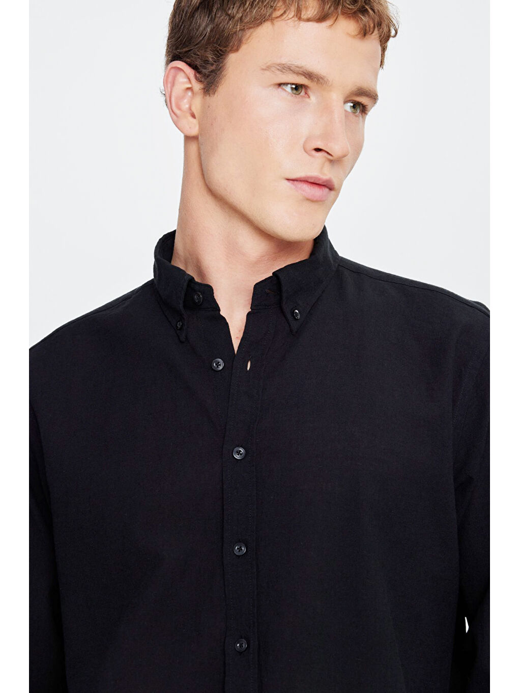 Erkek Siyah Pamuklu Keten Comfort Fit Düğmeli Yaka Çizgili Gömlek-3