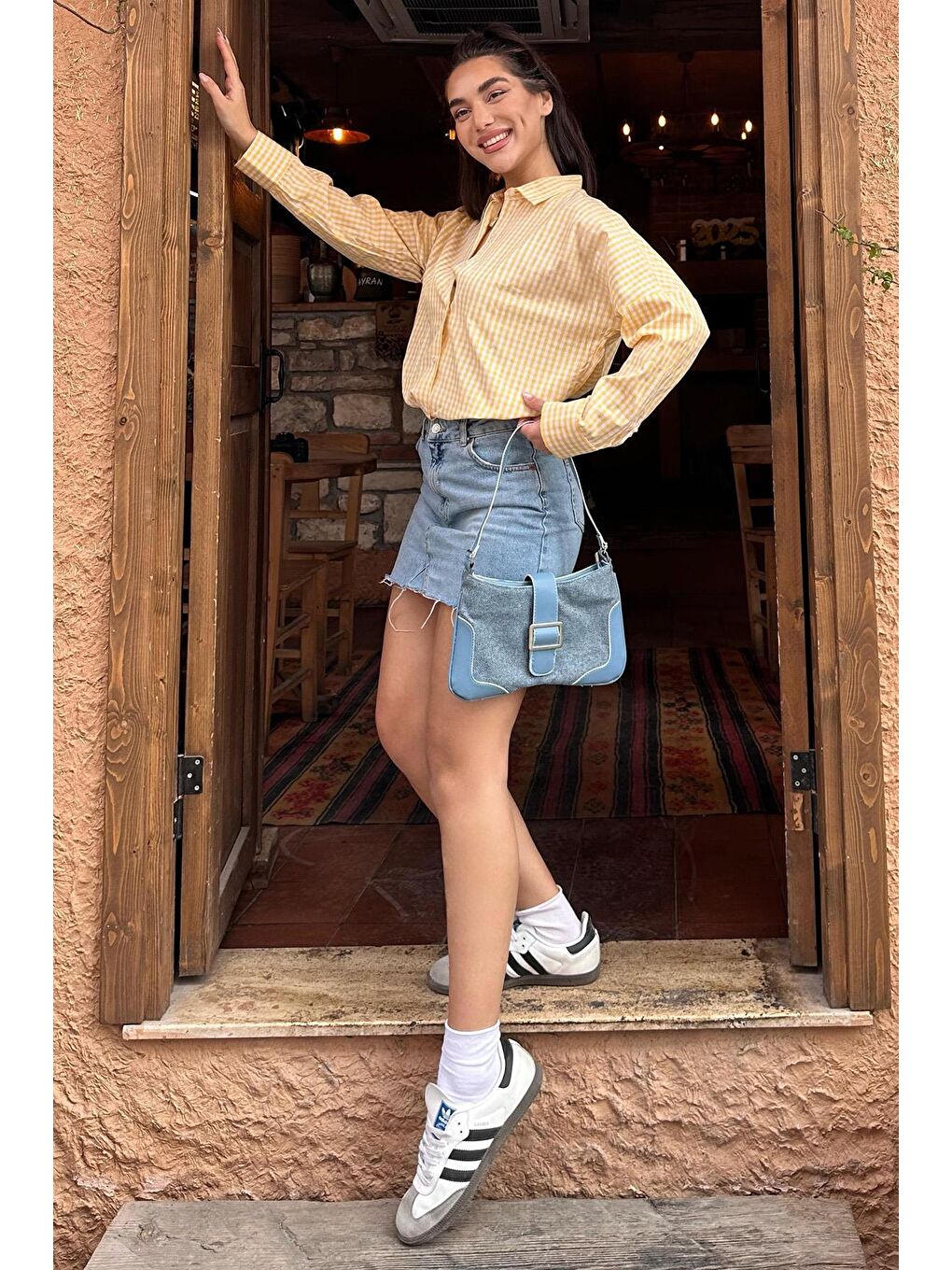 Sarı Pötikareli Uzun Kollu Kadın Gömlek Mg2386-5