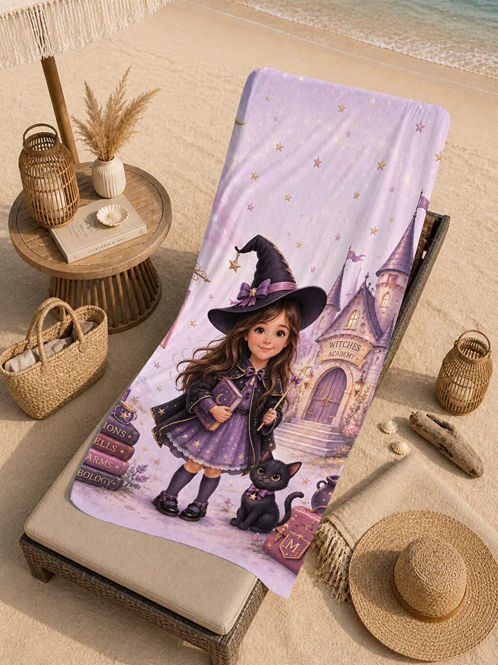 Mor Masalsı Cadı Kız Şato Ve Yıldızlı Halloween Desenli 70x150 Plaj Havlusu - Pamuklu Banyo Havlusu-3