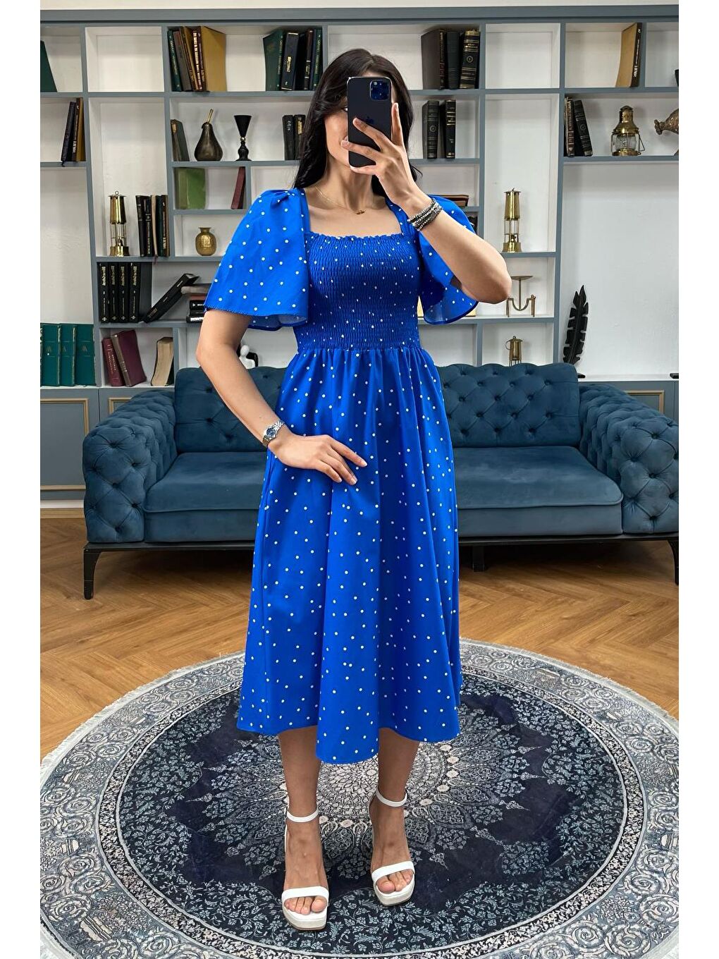Mavi Saks Desenli Belden Lastikli Midi Elbise - Mg2101