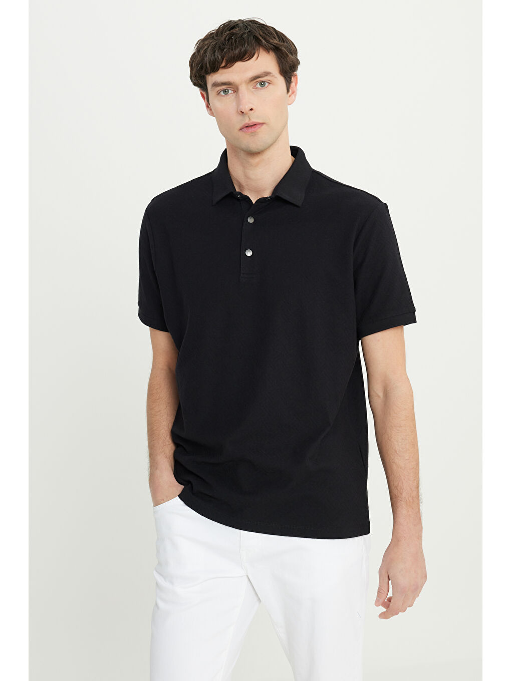 Erkek Siyah %100 Pamuk Comfort Fit Rahat Kesim Polo Yaka Jakarlı Tişört-2