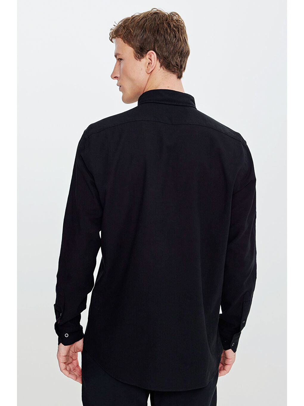 Erkek Siyah Pamuklu Keten Comfort Fit Düğmeli Yaka Çizgili Gömlek-4