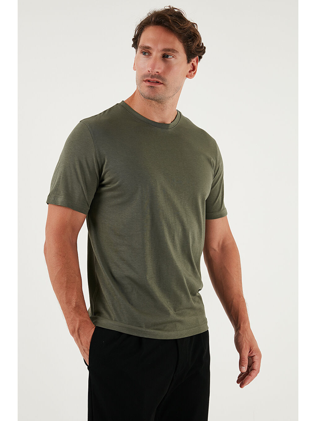 Haki Pamuklu Regular Fit Bisiklet Yaka %100 Pamuk Tişört 59020204-5