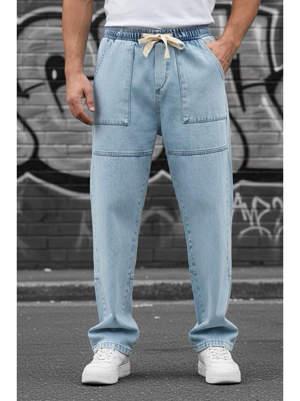 Mavi Kare Cep Beli Lastikli İpli Düz Paça Rahat Kesim Erkek Jean Pantolon