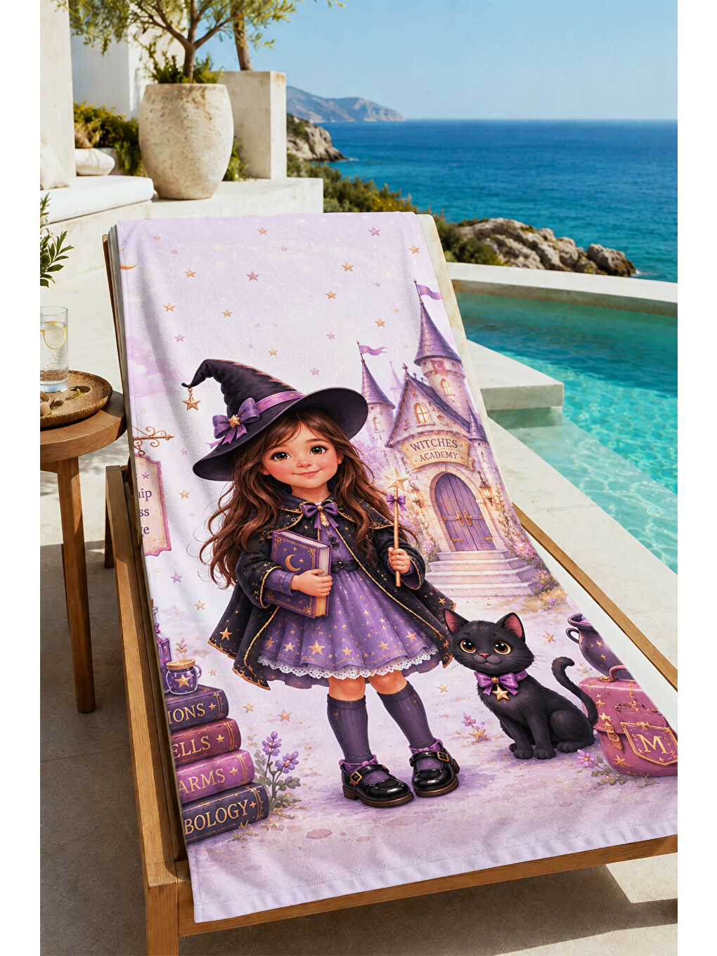 Mor Masalsı Cadı Kız Şato Ve Yıldızlı Halloween Desenli 70x150 Plaj Havlusu - Pamuklu Banyo Havlusu-4