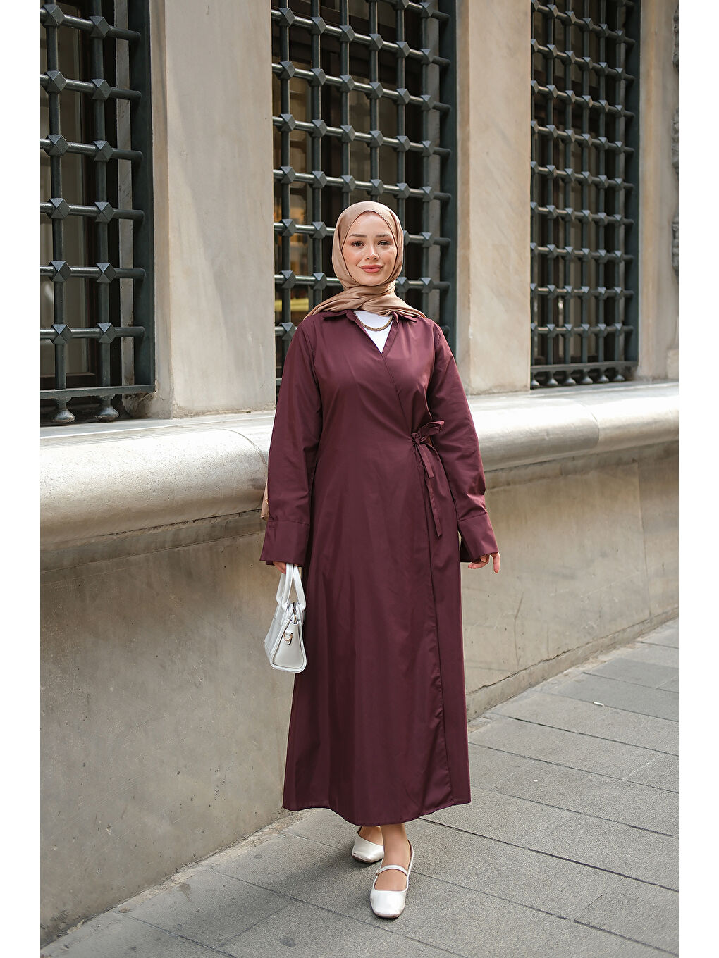 Kadın Poplin Yan Bağlamalı Elbise Mürdüm-2