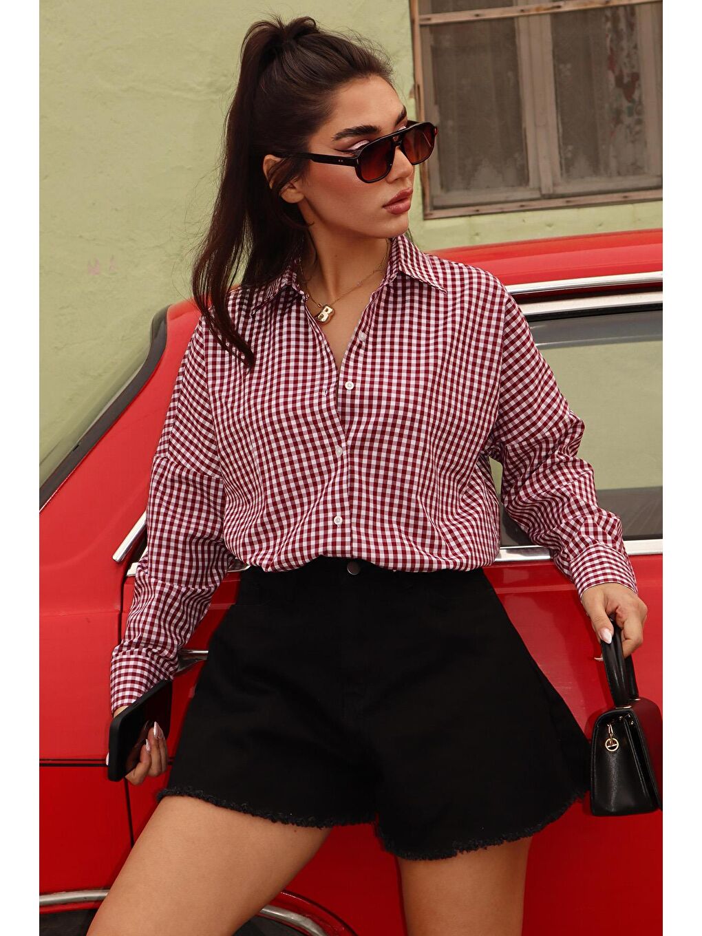 Bordo Pötikareli Uzun Kollu Kadın Gömlek Mg2386-4