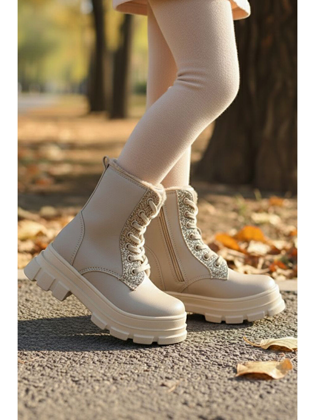 Kız Çocuk Bej Pul Detaylı Fermuarlı Bot - 28077-BEJ-1