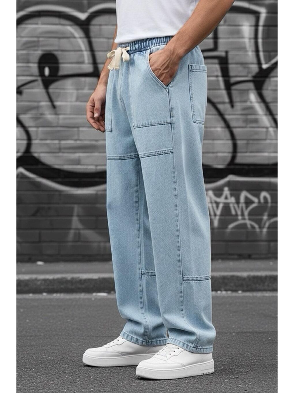 Mavi Kare Cep Beli Lastikli İpli Düz Paça Rahat Kesim Erkek Jean Pantolon-1