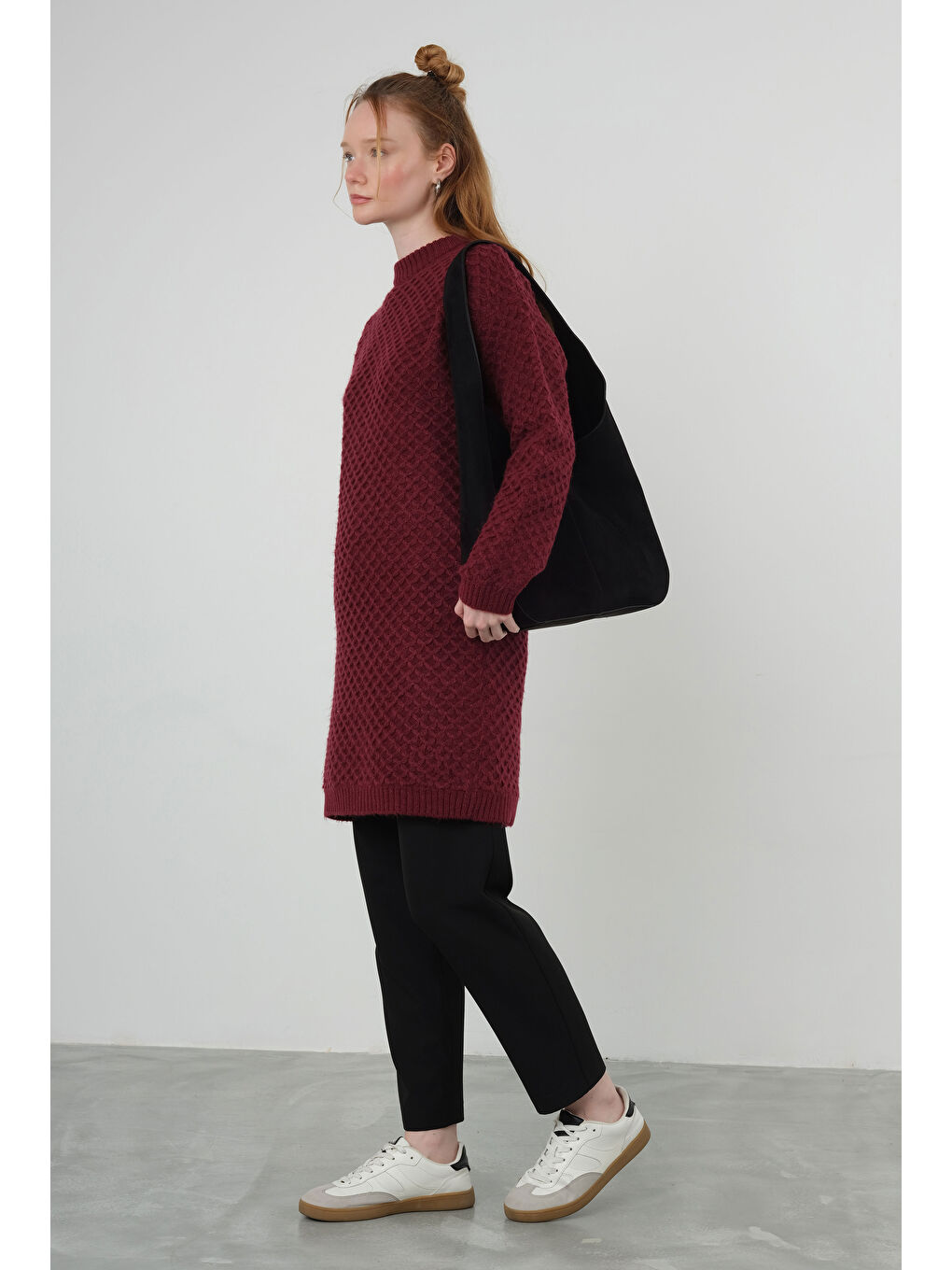 Örümcek Örgülü Kazak Uzun Bordo-2