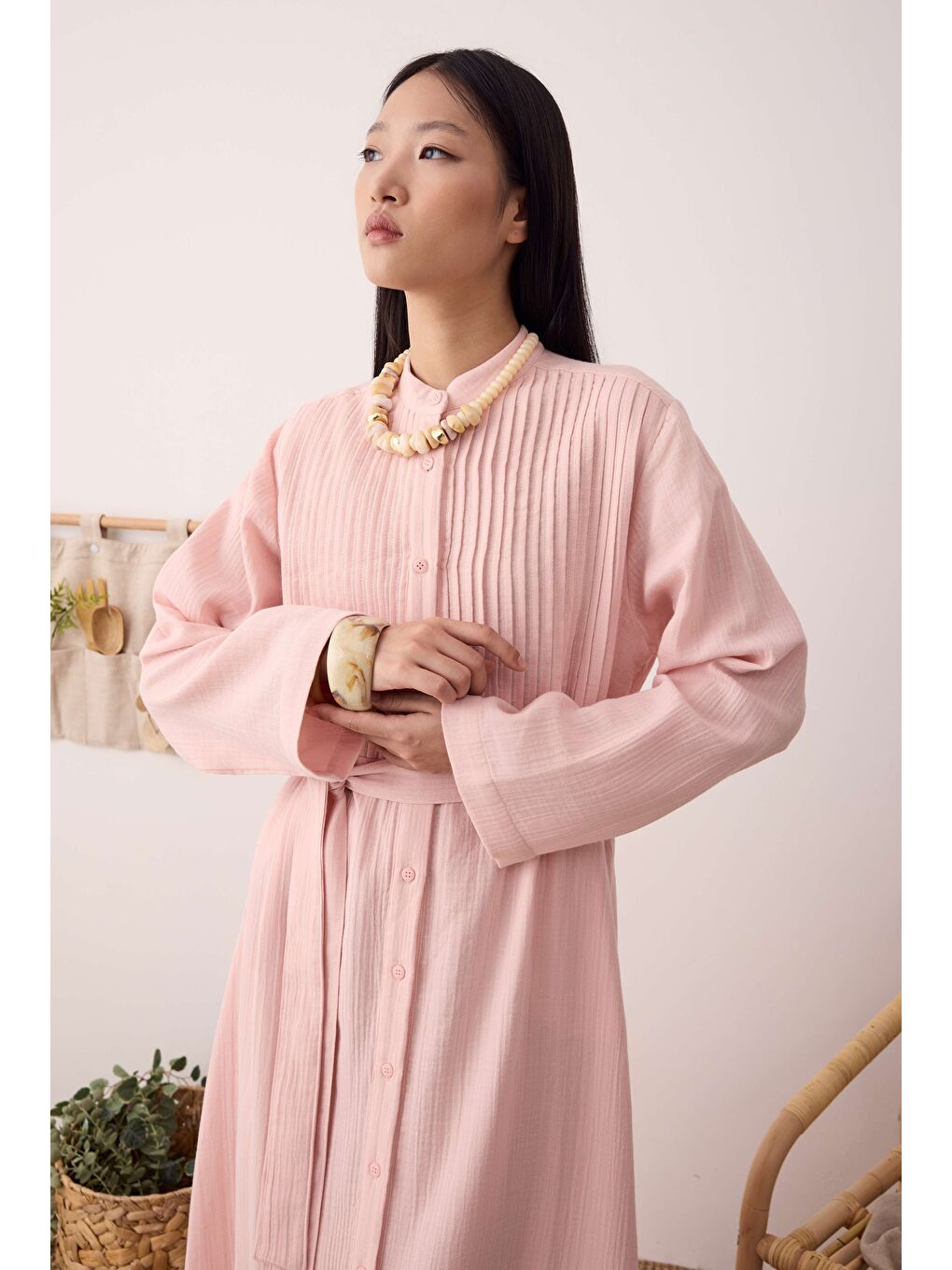 Müslin Nervürlü Elbise Pembe-3