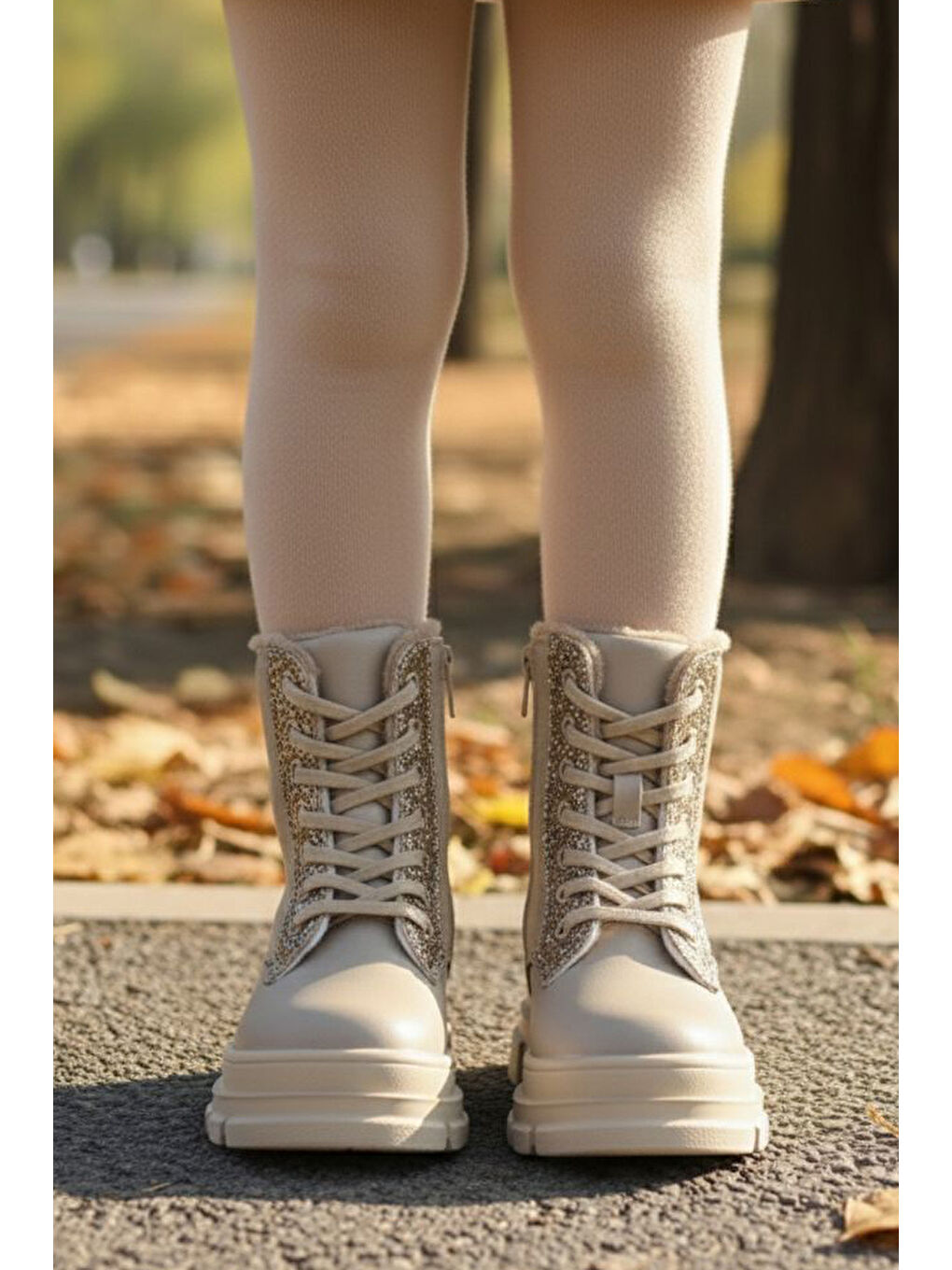 Kız Çocuk Bej Pul Detaylı Fermuarlı Bot - 28077-BEJ-2