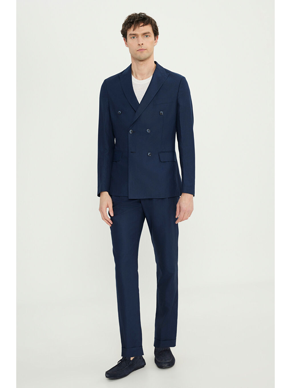 Erkek Lacivert Keten Slim Fit Kırlangıç Yaka Beli Bağlamalı Kruvaze Takım Elbise-1