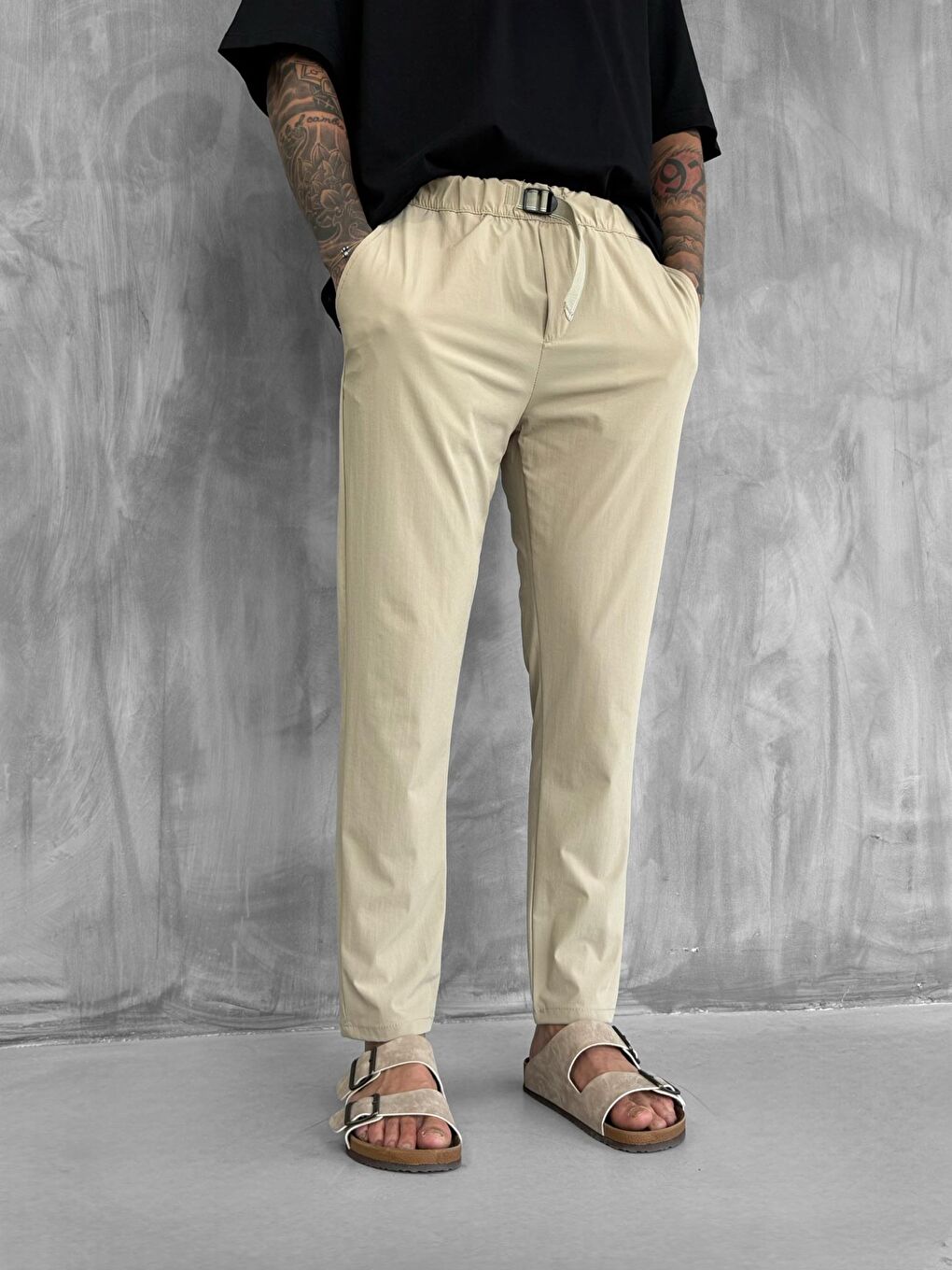 Erkek Beli Lastikli Tecno Kumaş Slim Fit Pantolon Bej