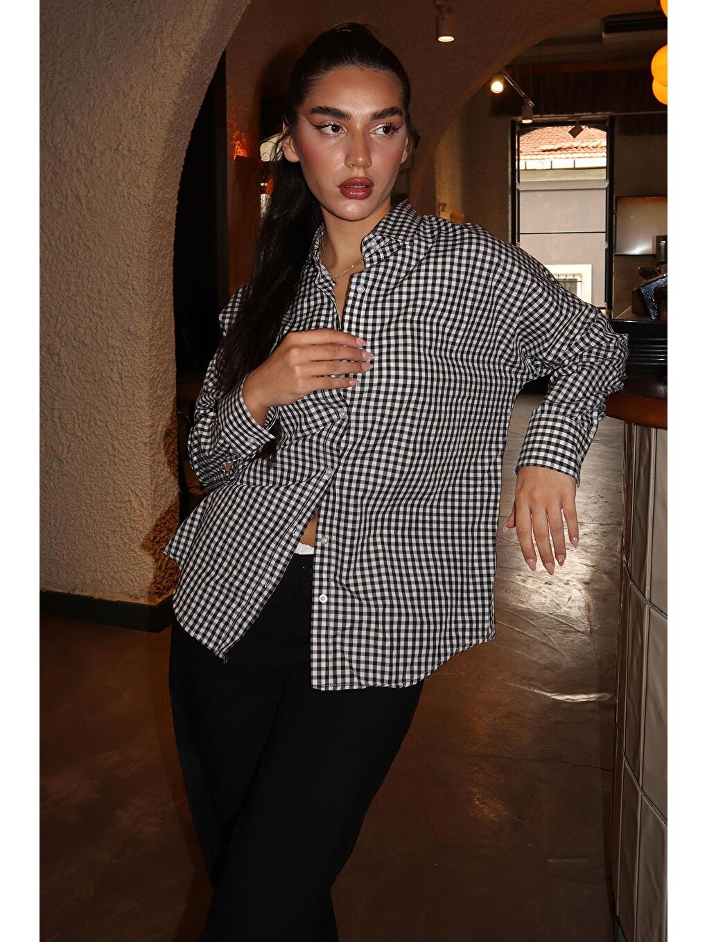 Siyah Pötikareli Uzun Kollu Kadın Gömlek Mg2386-1