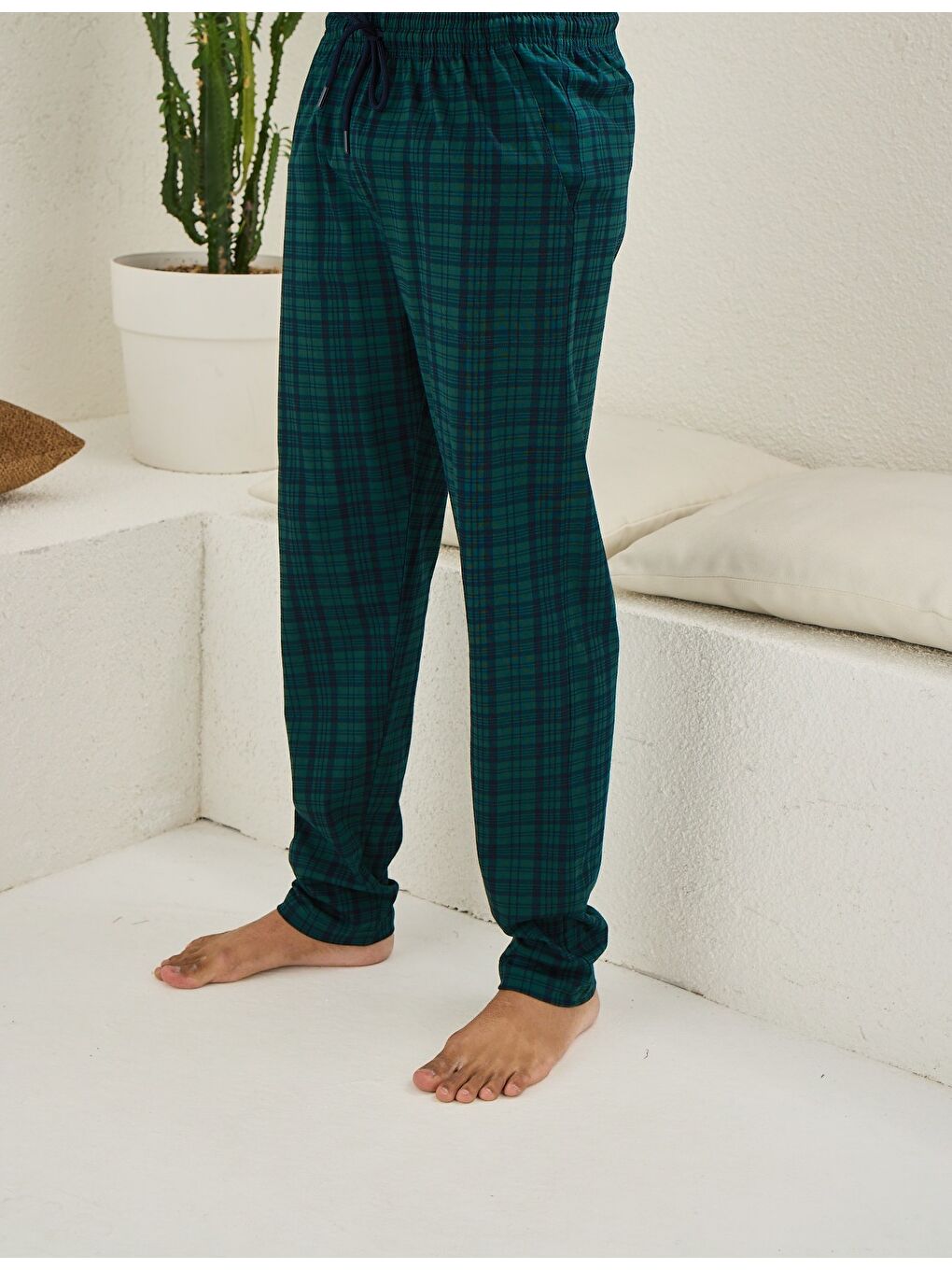 Haki Erkek Ekose %100 Organik Pamuk Cepli Düz Paça Pijama Altı-1