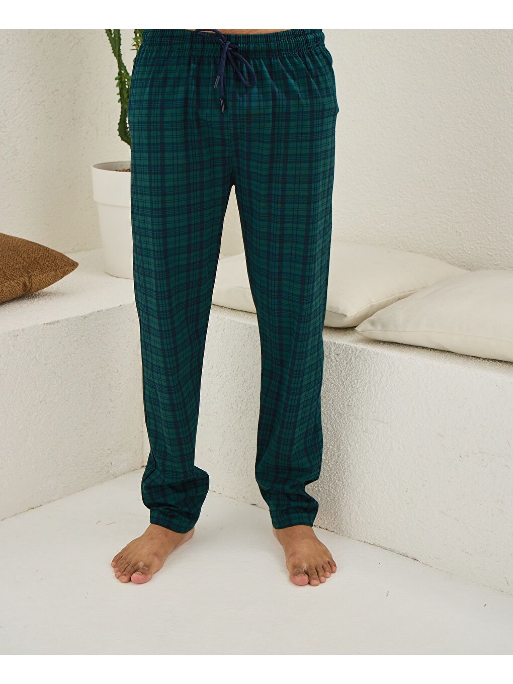 Haki Erkek Ekose %100 Organik Pamuk Cepli Düz Paça Pijama Altı-2