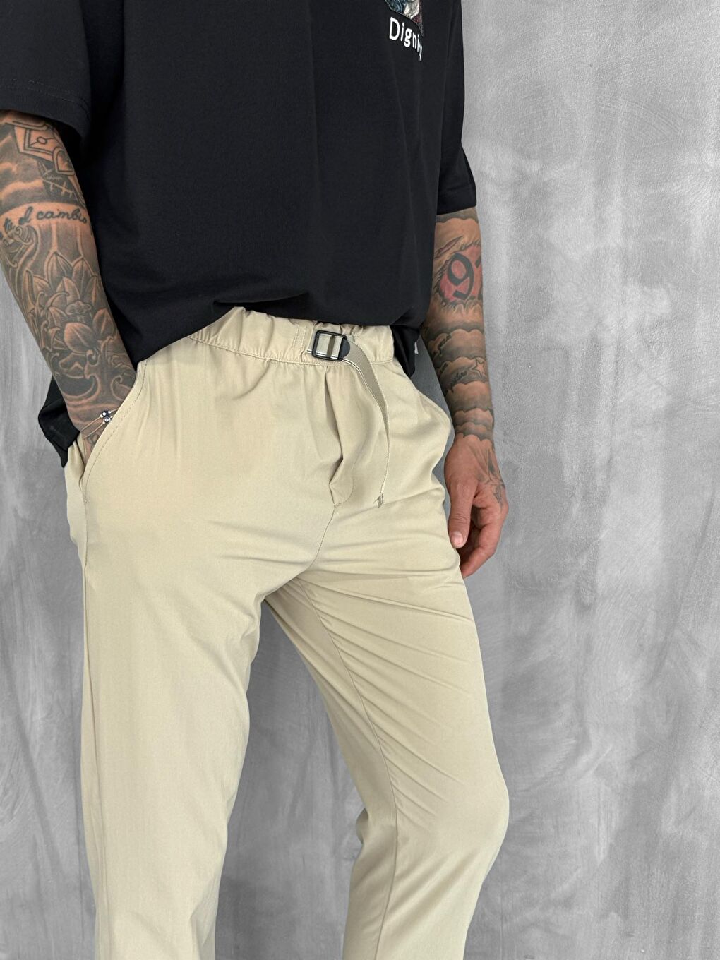 Erkek Beli Lastikli Tecno Kumaş Slim Fit Pantolon Bej-2
