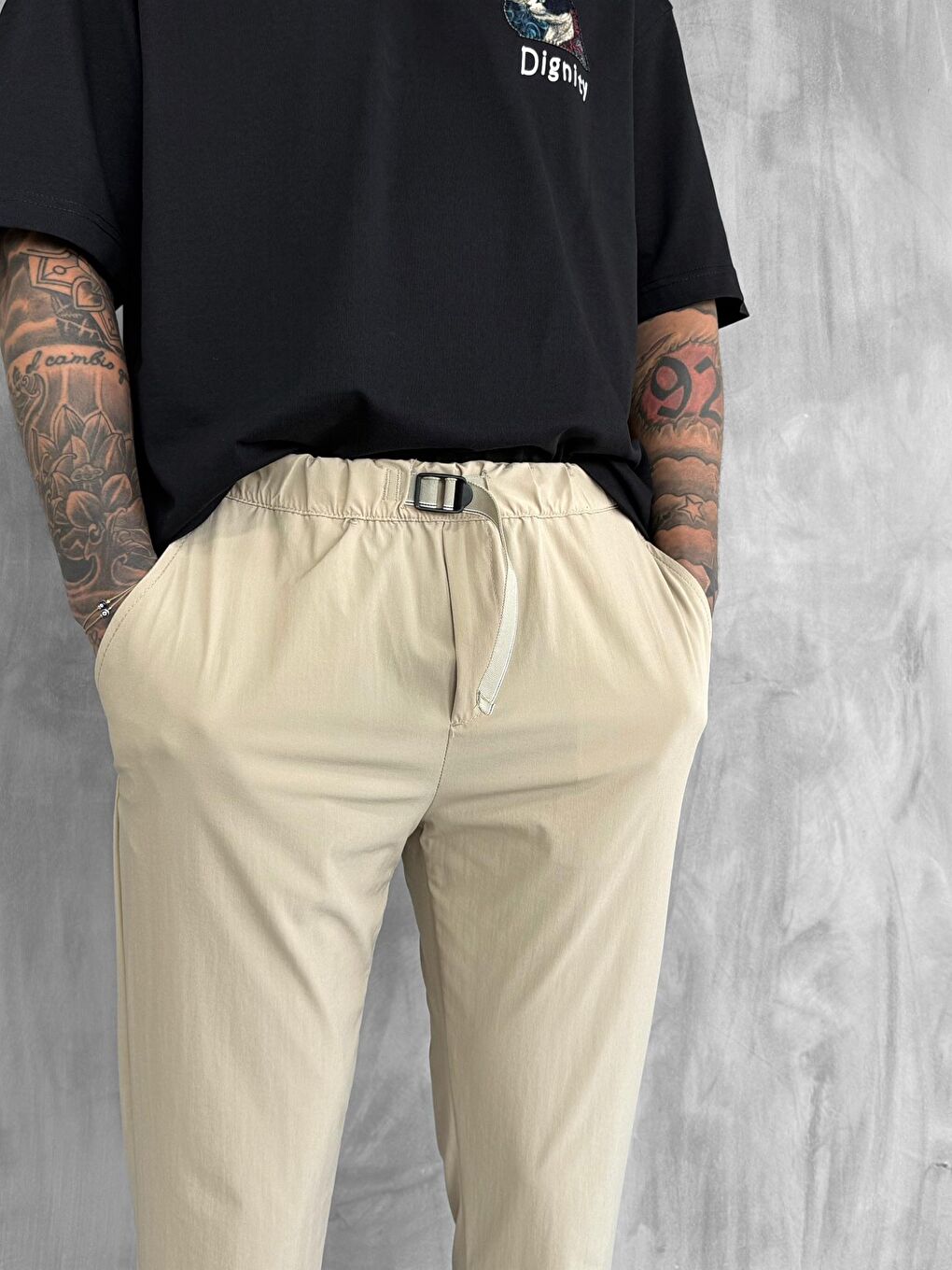 Erkek Beli Lastikli Tecno Kumaş Slim Fit Pantolon Bej-3