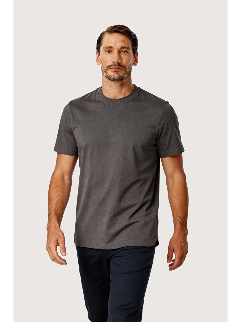 Gri Füme %100 Pamuk Erkek Tişört – Bisiklet Yaka