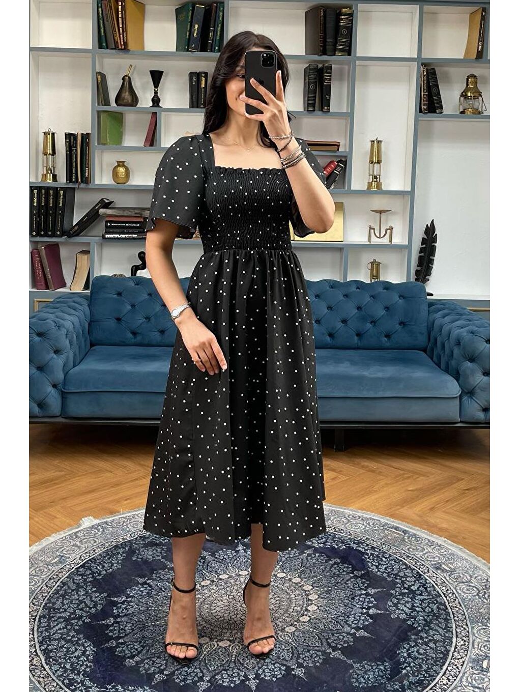 Siyah Desenli Belden Lastikli Midi Elbise - Mg2101