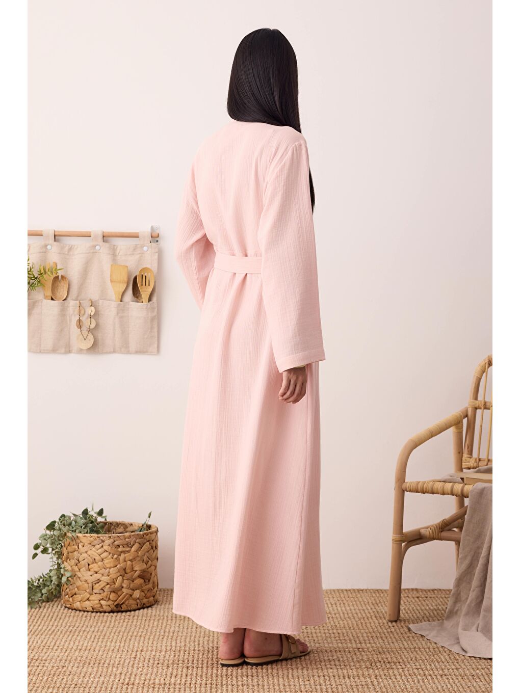 Müslin Nervürlü Elbise Pembe-4