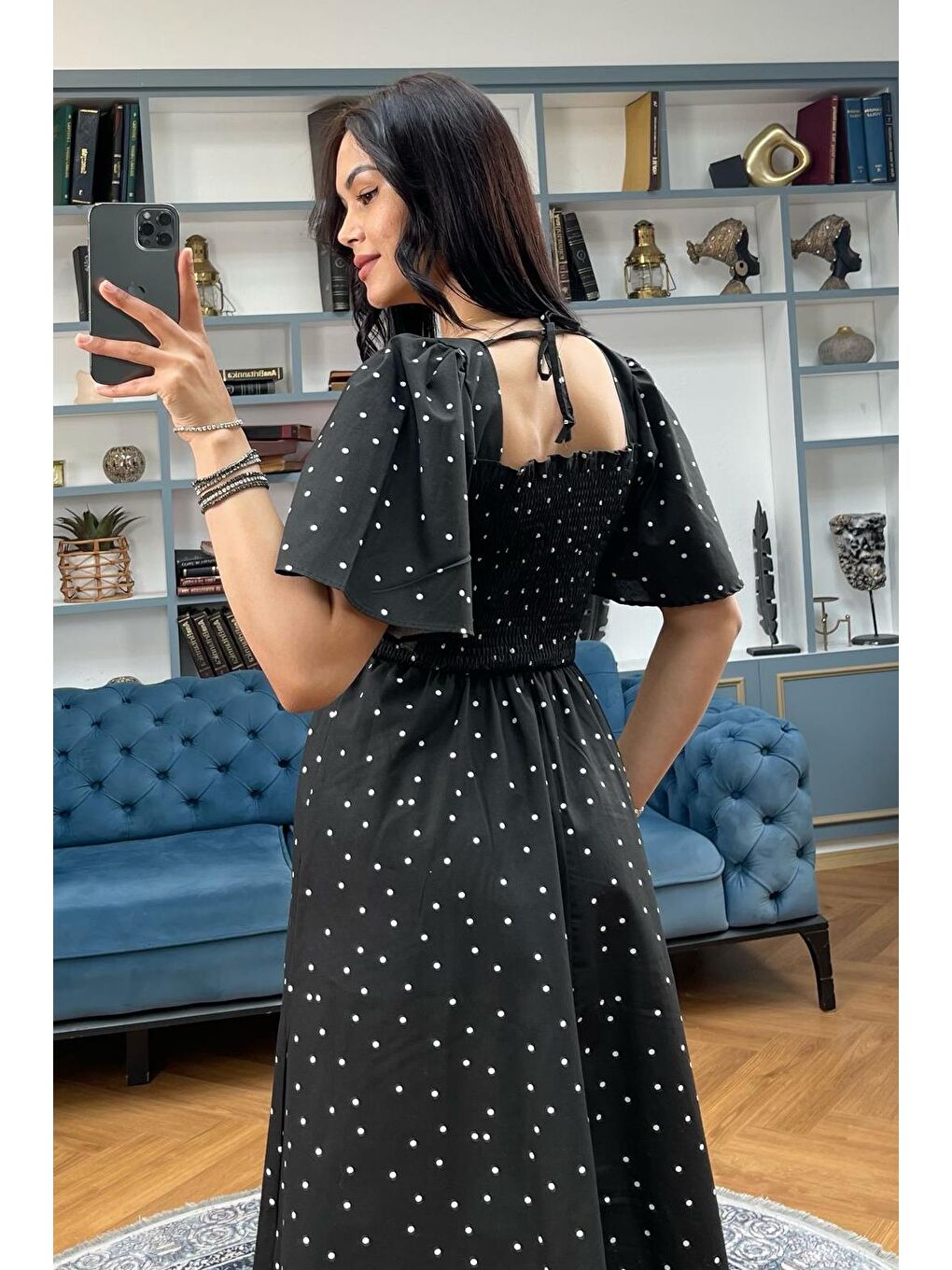 Siyah Desenli Belden Lastikli Midi Elbise - Mg2101-1