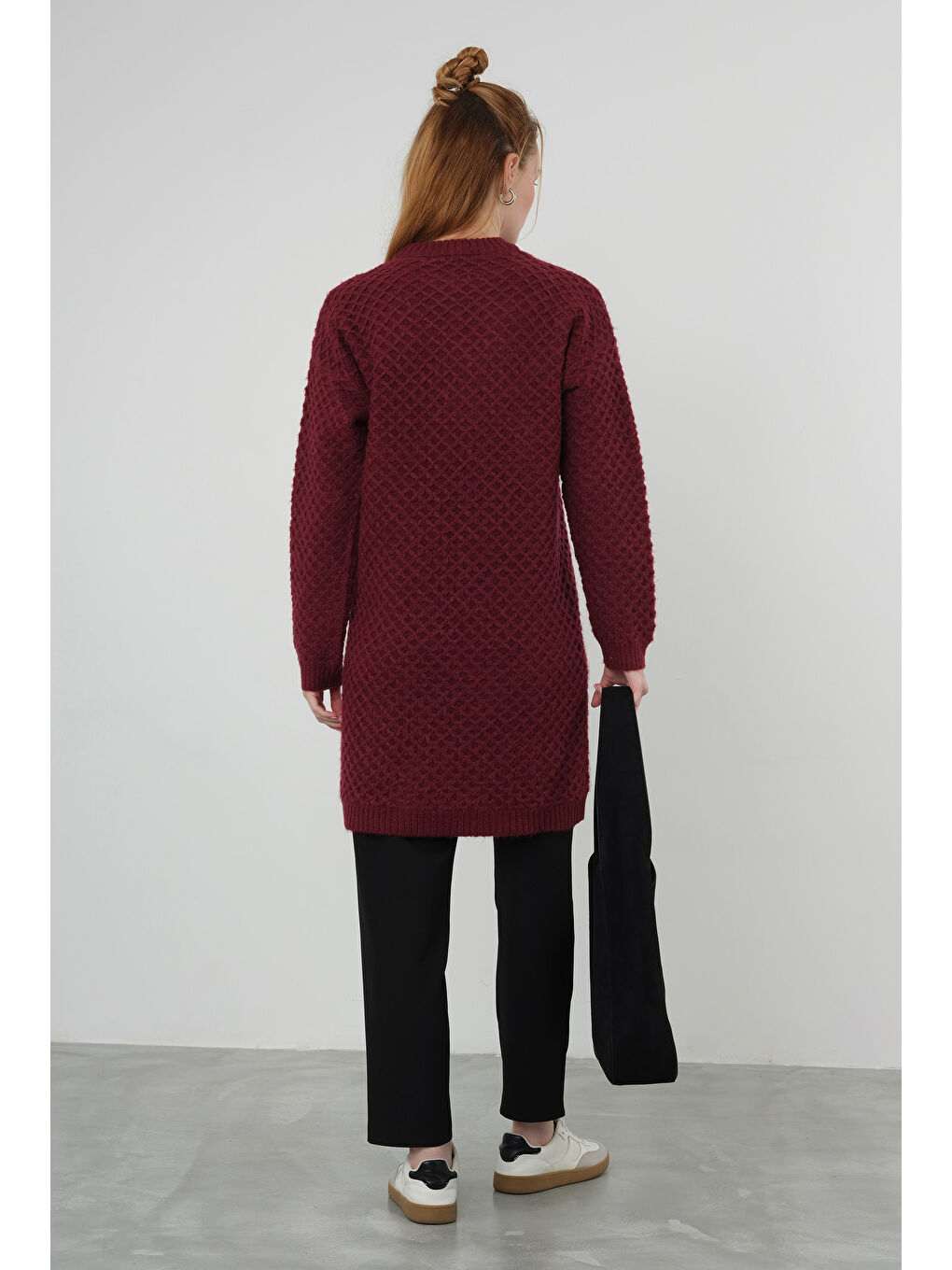 Örümcek Örgülü Kazak Uzun Bordo-3