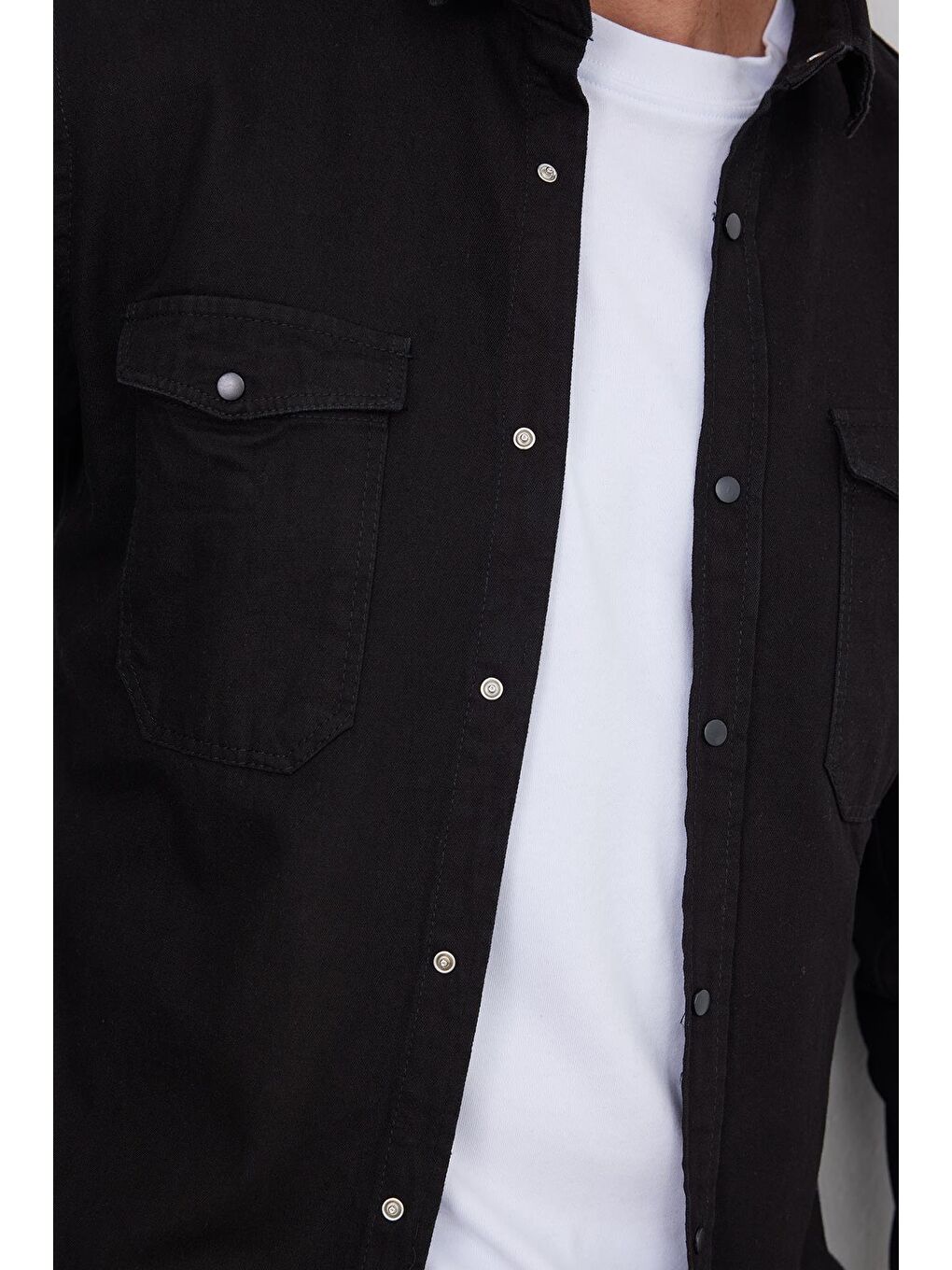 Erkek Slim Fit Dar Kesim Uzun Kollu Denim Jean Çift Cep Çıtçıtlı Siyah Gömlek-2