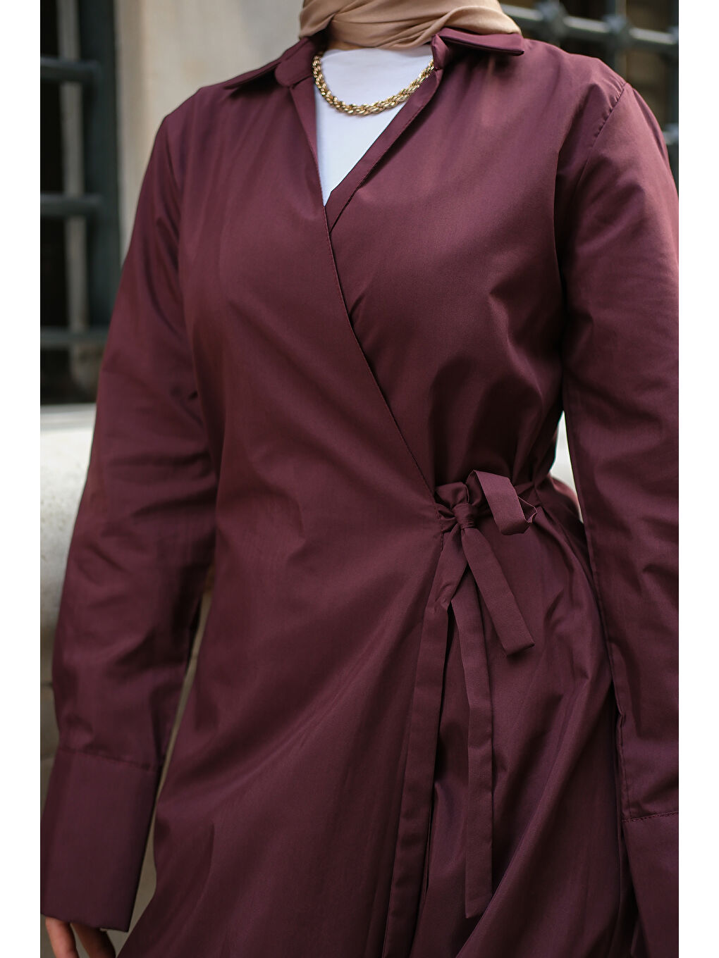 Kadın Poplin Yan Bağlamalı Elbise Mürdüm-3