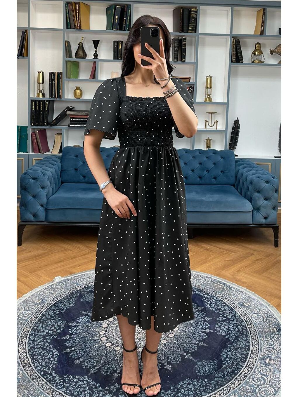 Siyah Desenli Belden Lastikli Midi Elbise - Mg2101-2