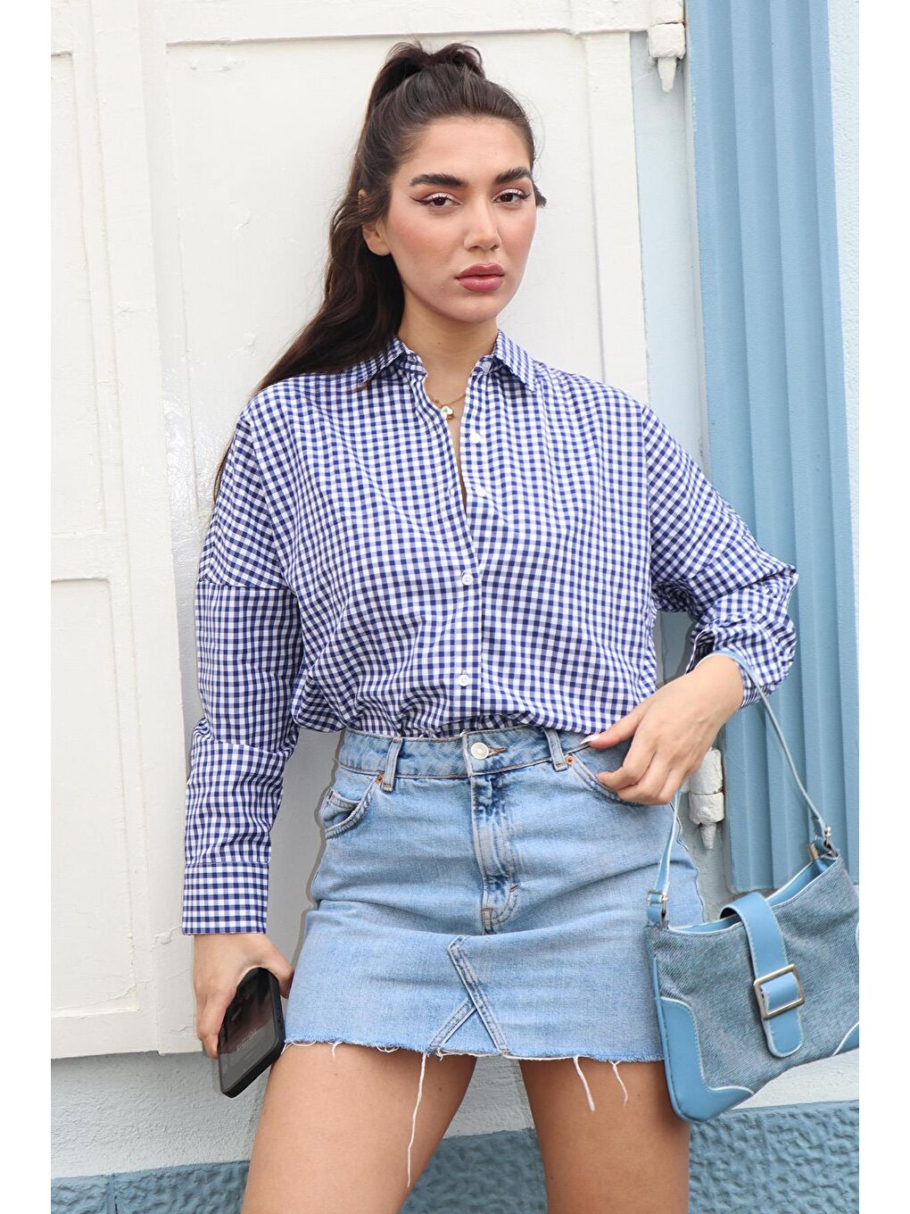 Lacivert Pötikareli Uzun Kollu Kadın Gömlek Mg2386-1