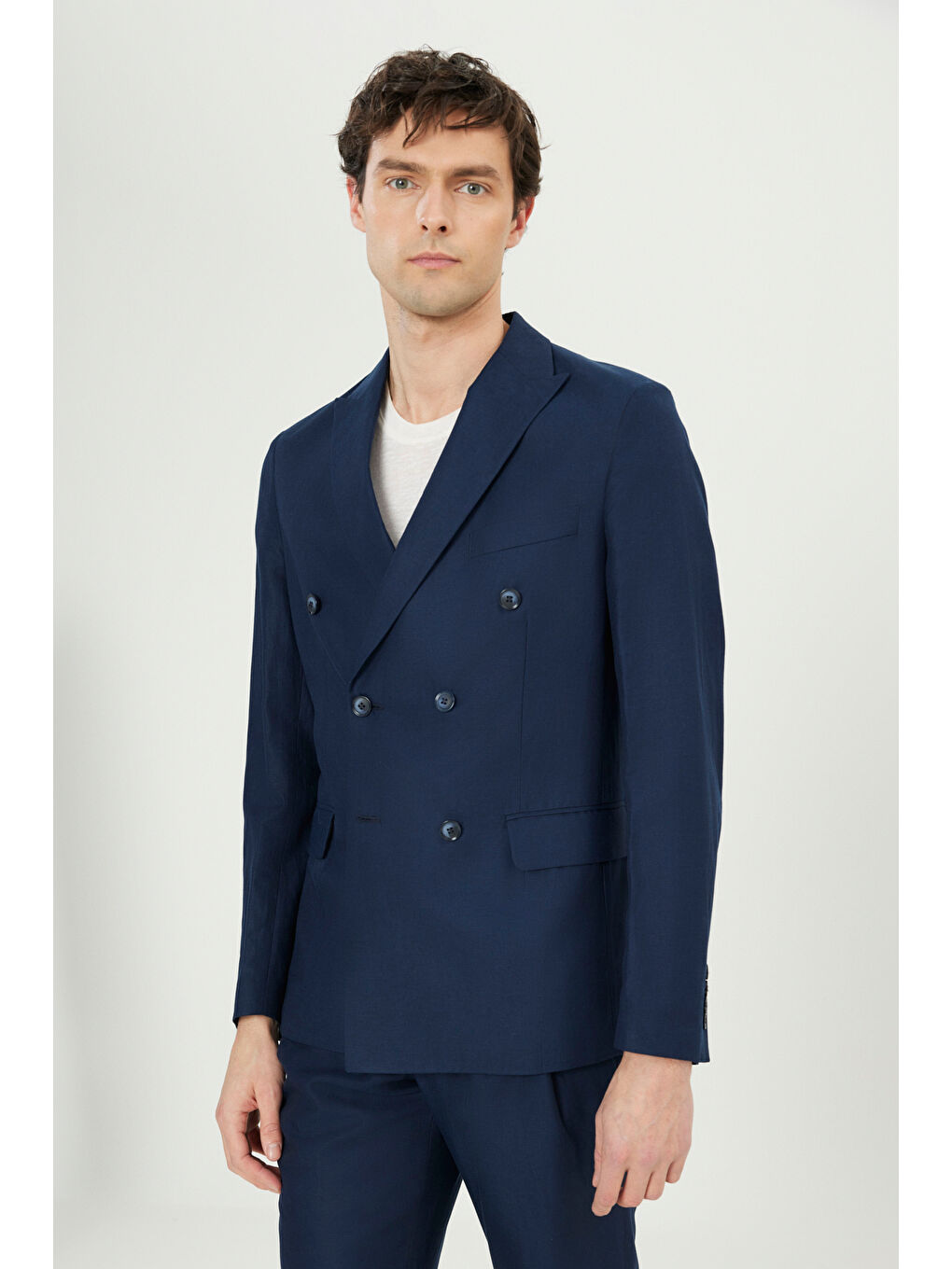 Erkek Lacivert Keten Slim Fit Kırlangıç Yaka Beli Bağlamalı Kruvaze Takım Elbise-3