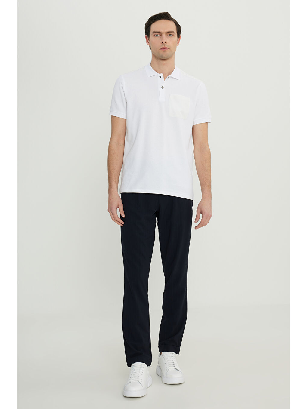 Erkek Beyaz Pamuklu Slim Fit Dar Kesim Polo Yaka Esnek Tişört-1