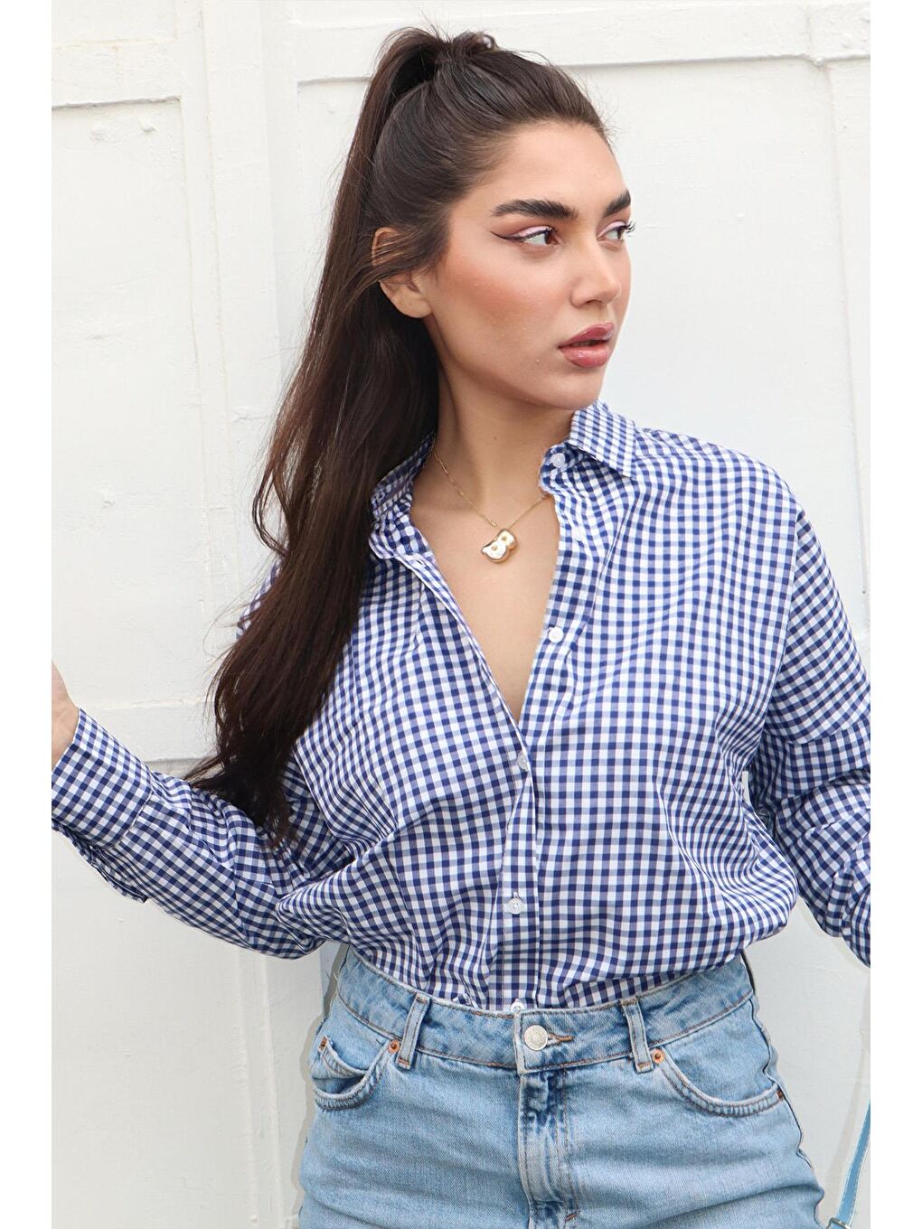 Lacivert Pötikareli Uzun Kollu Kadın Gömlek Mg2386-2