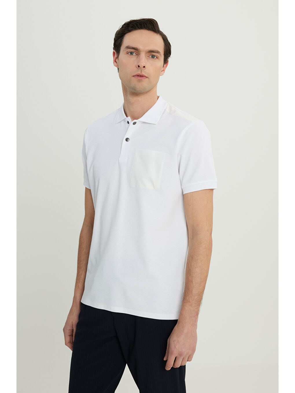 Erkek Beyaz Pamuklu Slim Fit Dar Kesim Polo Yaka Esnek Tişört-2