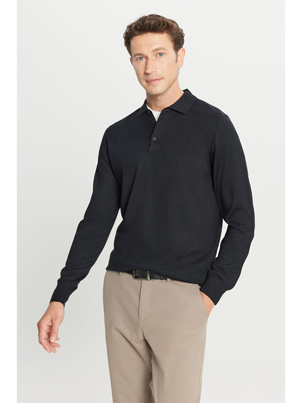 Erkek Siyah Yünlü Standart Fit Normal Kesim Polo Yaka Basic Triko Kazak